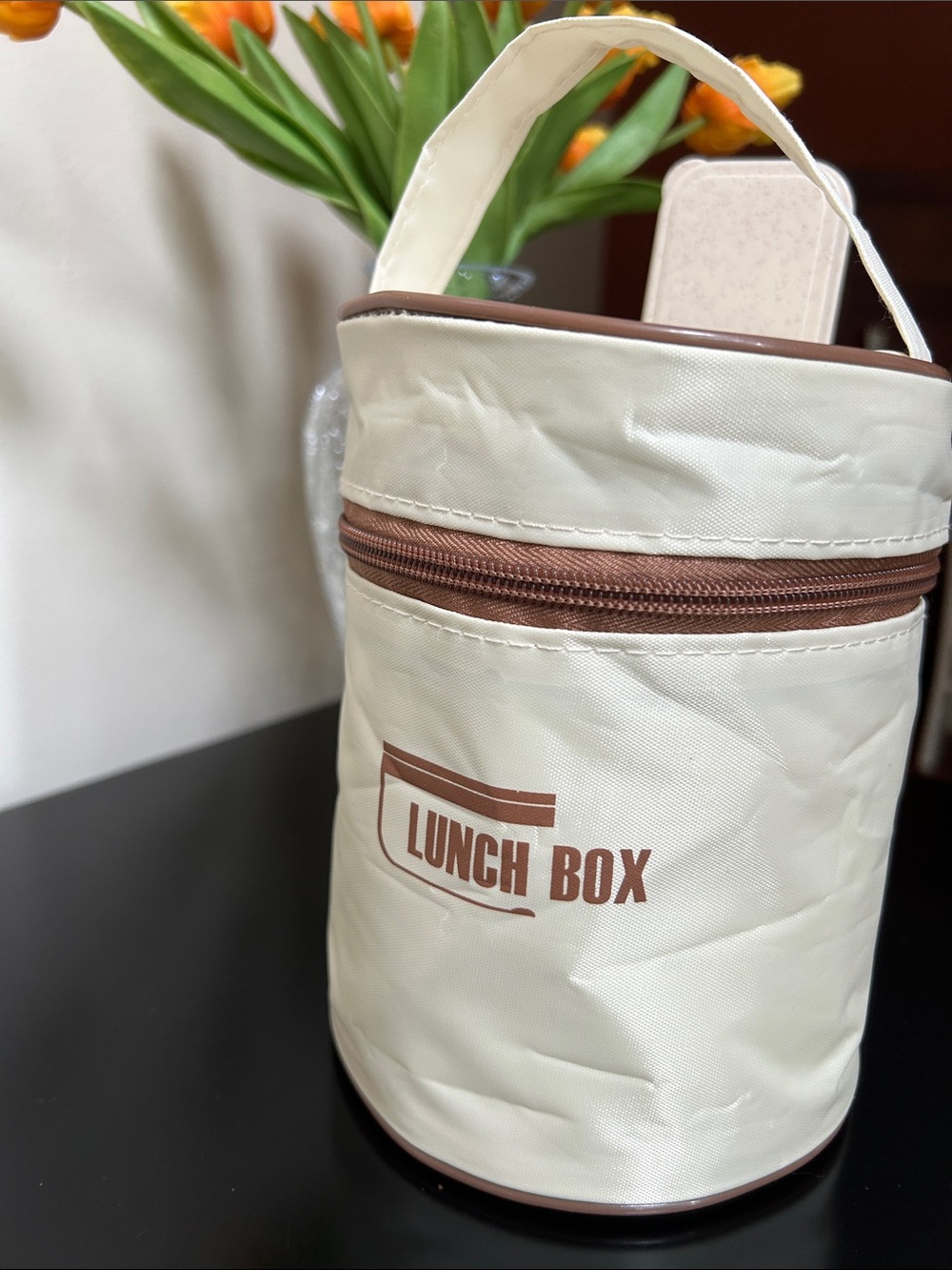 Cream Lunch Box Cooler Bag with Brown Trim